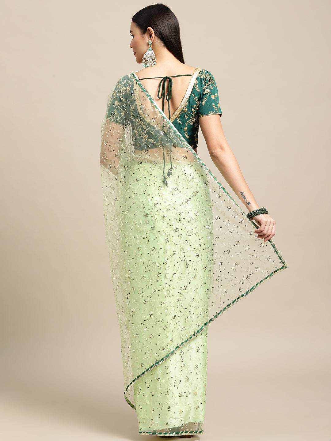 Jyoti Fashion Women's Green Net Embroidered Designer Saree with Blouse - Distacart