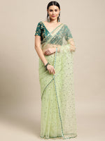 Thumbnail for Jyoti Fashion Women's Green Net Embroidered Designer Saree with Blouse - Distacart