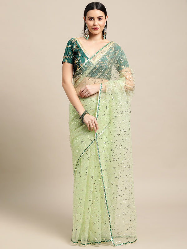 Jyoti Fashion Women's Green Net Embroidered Designer Saree with Blouse - Distacart