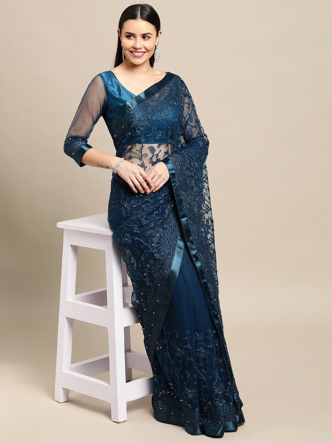 Jyoti Fashion Women's Blue Net Embroidered Designer Saree with Blouse - Distacart