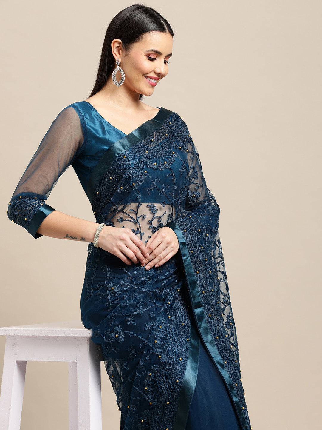 Jyoti Fashion Women's Blue Net Embroidered Designer Saree with Blouse - Distacart
