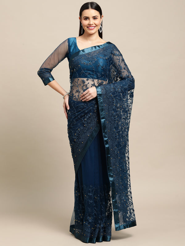 Jyoti Fashion Women's Blue Net Embroidered Designer Saree with Blouse - Distacart