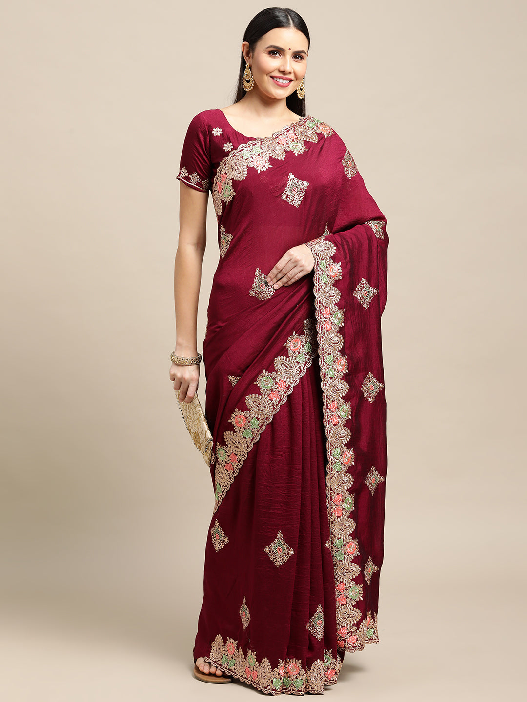 Jyoti Fashion Women's Purple Silk Blend Embroidered Designer Saree with Blouse - Distacart