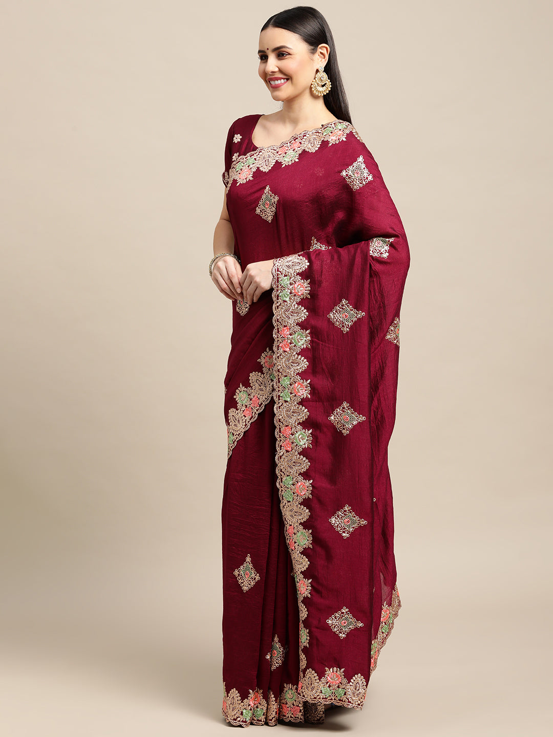 Jyoti Fashion Women's Purple Silk Blend Embroidered Designer Saree with Blouse - Distacart