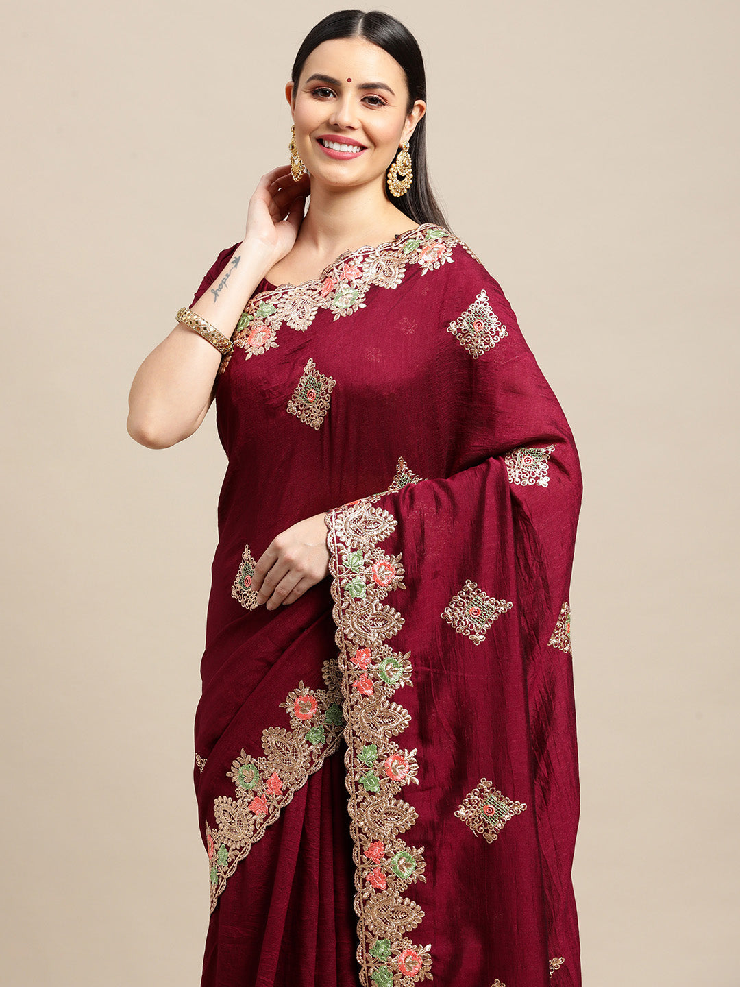 Jyoti Fashion Women's Purple Silk Blend Embroidered Designer Saree with Blouse - Distacart