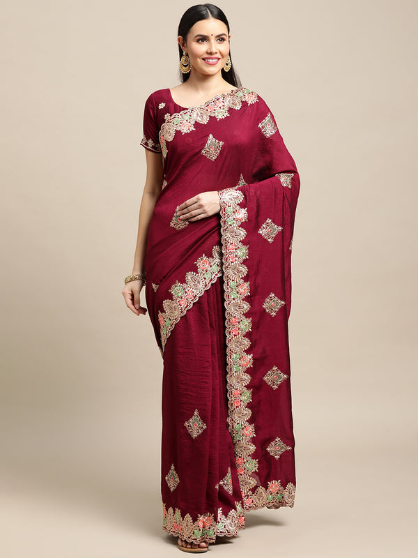Jyoti Fashion Women's Purple Silk Blend Embroidered Designer Saree with Blouse - Distacart