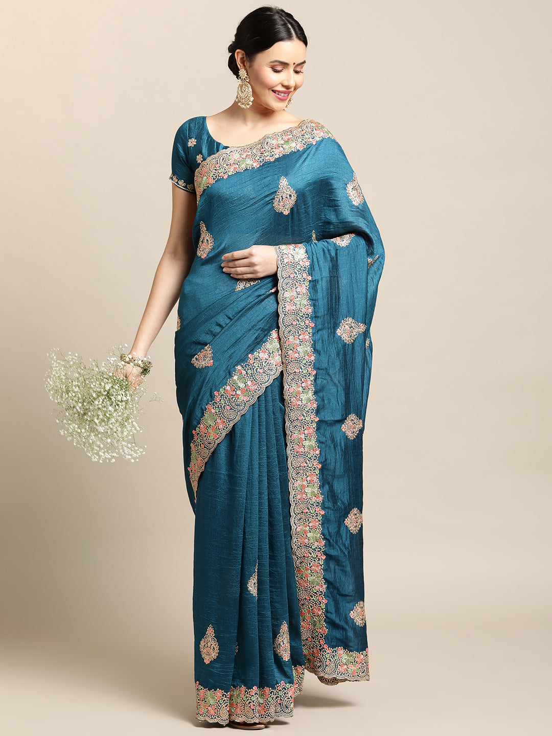 Jyoti Fashion Women's Blue Silk Blend Embroidered Designer Saree with Blouse - Distacart