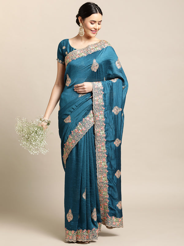 Jyoti Fashion Women's Blue Silk Blend Embroidered Designer Saree with Blouse - Distacart