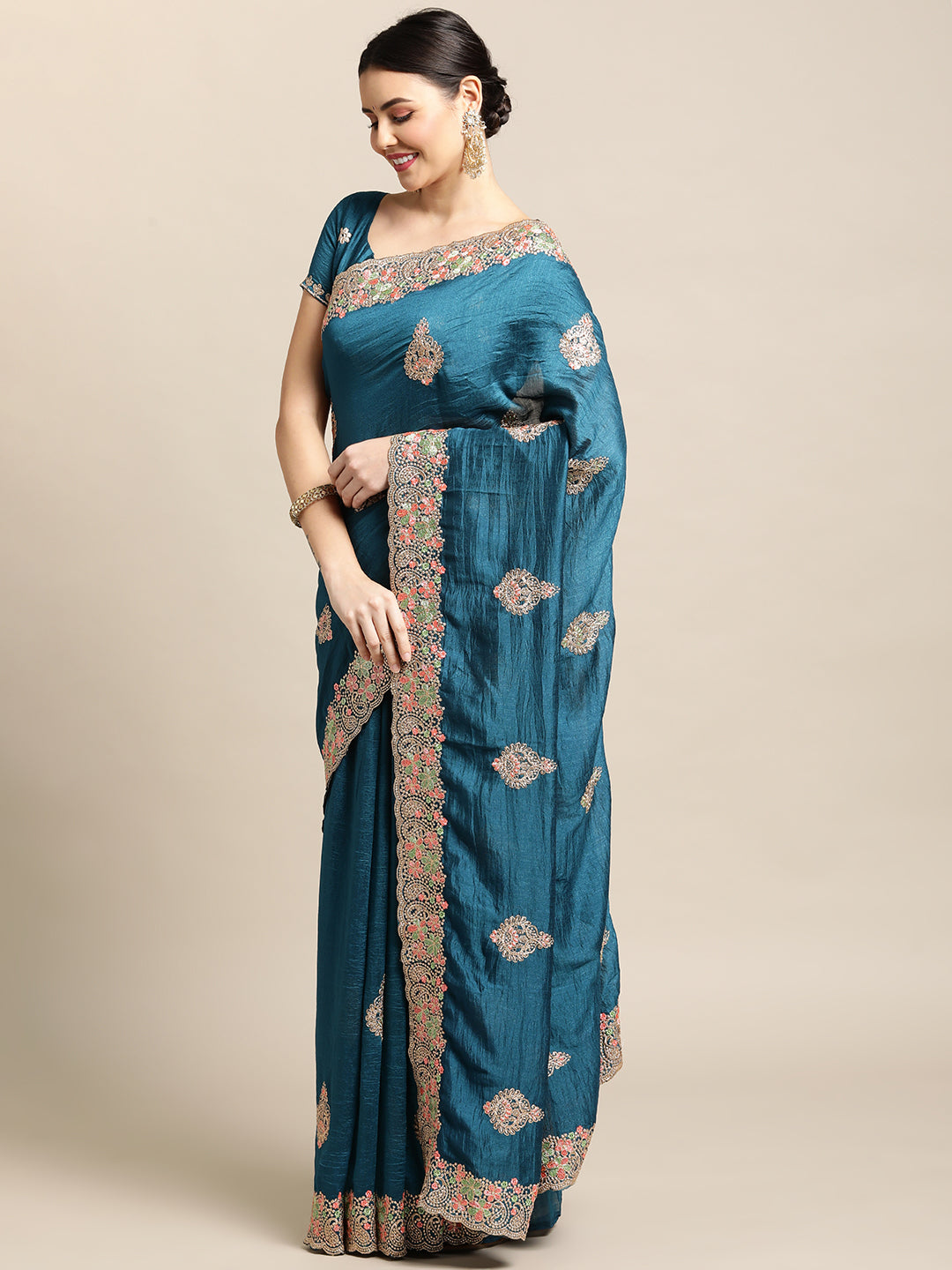 Jyoti Fashion Women's Blue Silk Blend Embroidered Designer Saree with Blouse - Distacart