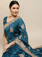 Thumbnail for Jyoti Fashion Women's Blue Silk Blend Embroidered Designer Saree with Blouse - Distacart