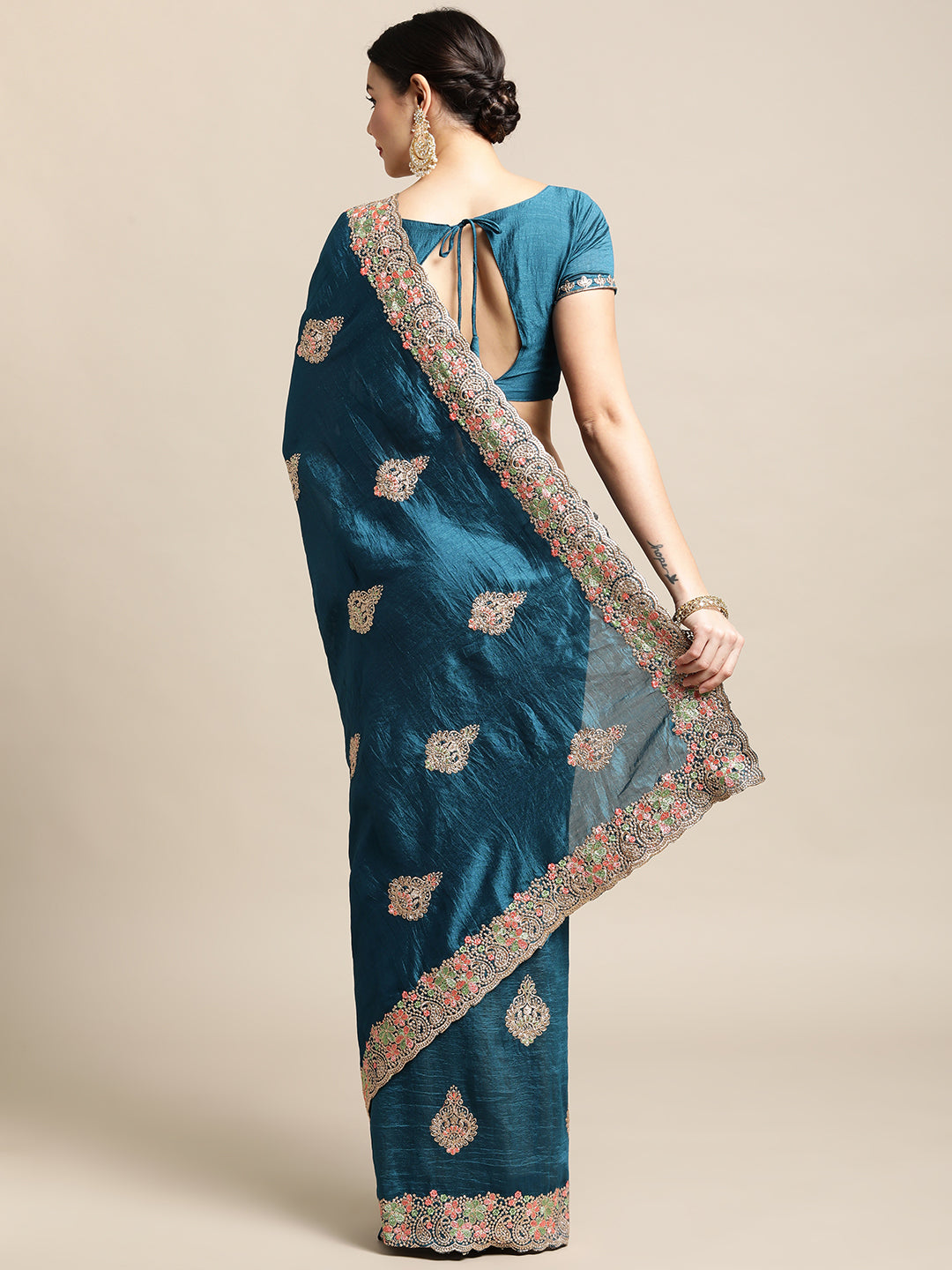 Jyoti Fashion Women's Blue Silk Blend Embroidered Designer Saree with Blouse - Distacart