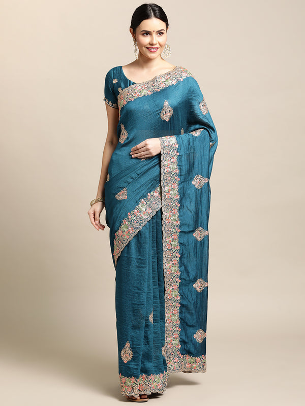 Jyoti Fashion Women's Blue Silk Blend Embroidered Designer Saree with Blouse - Distacart