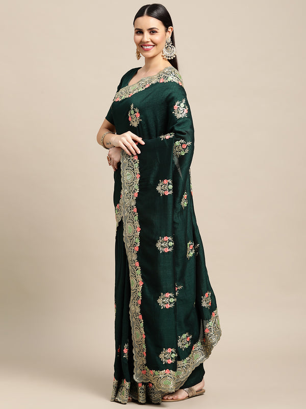 Jyoti Fashion Women's Green Silk Blend Embroidered Designer Saree with Blouse - Distacart