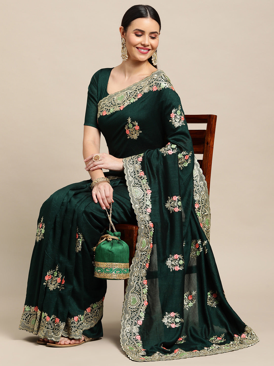 Jyoti Fashion Women's Green Silk Blend Embroidered Designer Saree with Blouse - Distacart
