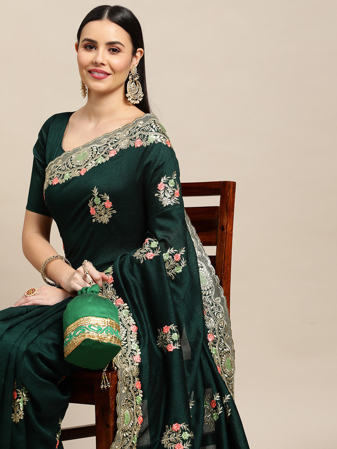 Jyoti Fashion Women's Green Silk Blend Embroidered Designer Saree with Blouse - Distacart