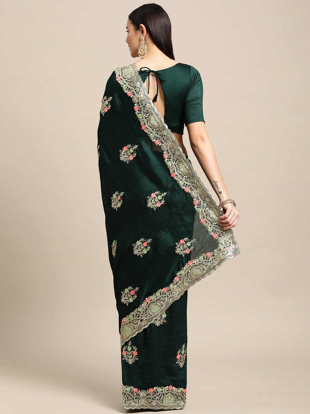 Jyoti Fashion Women's Green Silk Blend Embroidered Designer Saree with Blouse - Distacart