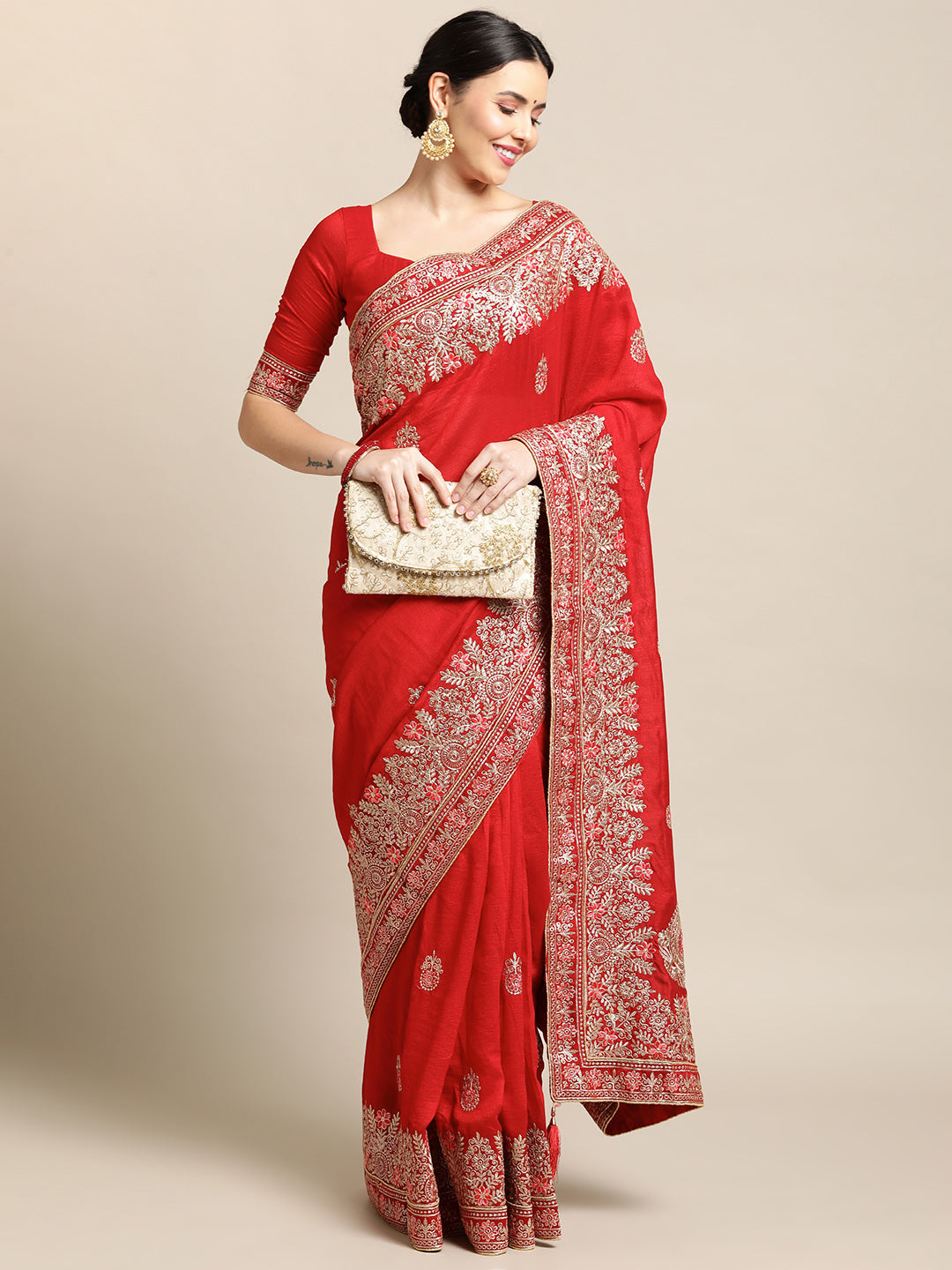 Jyoti Fashion Women's Red Silk Blend Embroidered Designer Saree with Blouse - Distacart