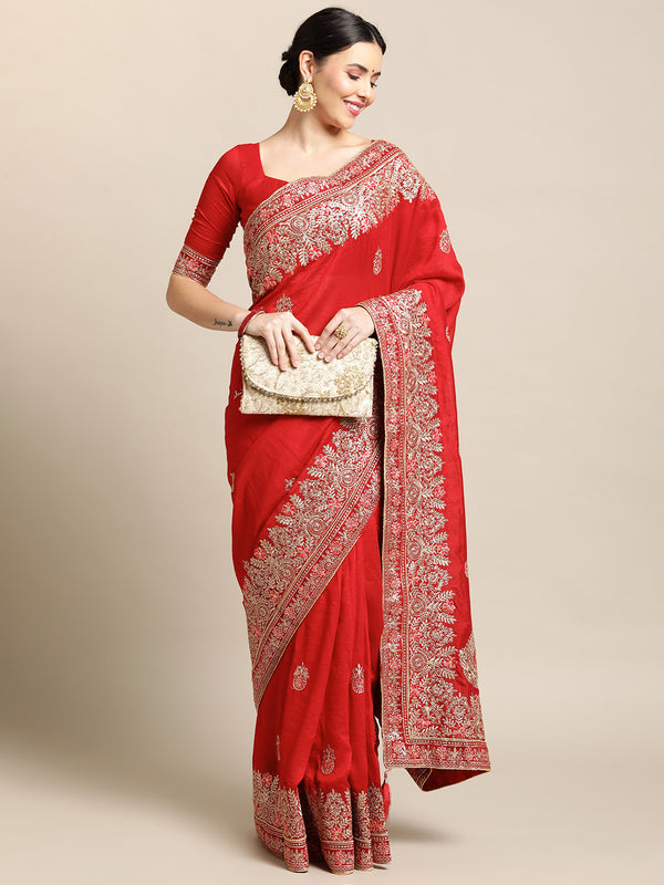 Jyoti Fashion Women's Red Silk Blend Embroidered Designer Saree with Blouse - Distacart