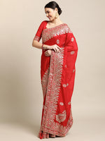 Thumbnail for Jyoti Fashion Women's Red Silk Blend Embroidered Designer Saree with Blouse - Distacart