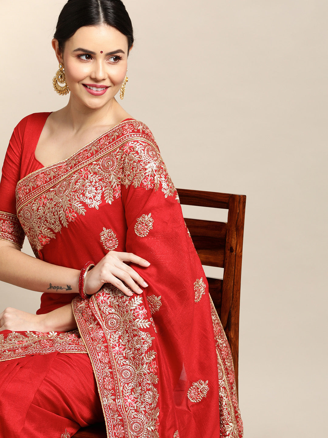 Jyoti Fashion Women's Red Silk Blend Embroidered Designer Saree with Blouse - Distacart