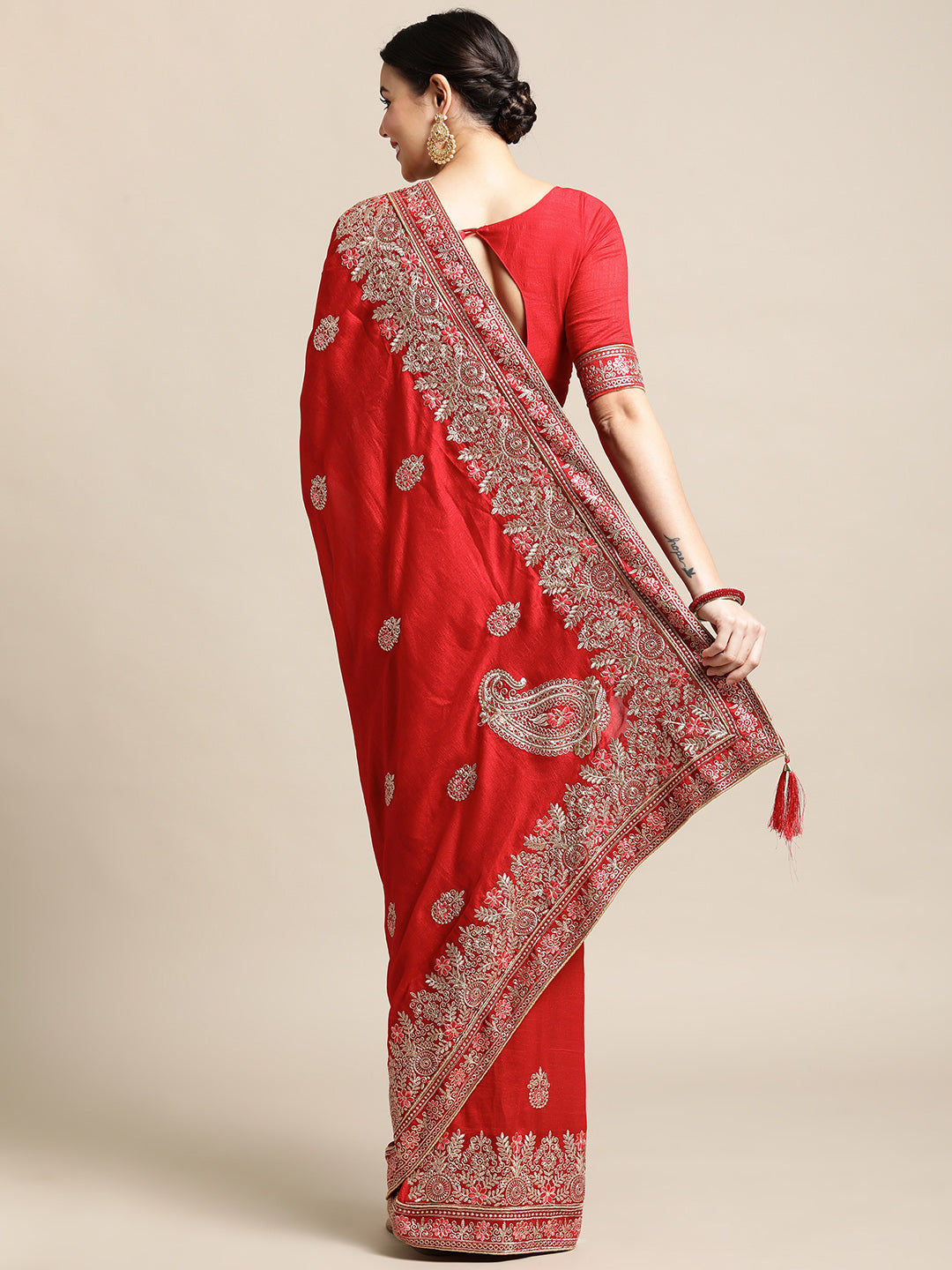 Jyoti Fashion Women's Red Silk Blend Embroidered Designer Saree with Blouse - Distacart