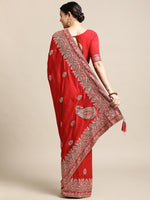 Thumbnail for Jyoti Fashion Women's Red Silk Blend Embroidered Designer Saree with Blouse - Distacart