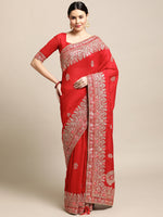 Thumbnail for Jyoti Fashion Women's Red Silk Blend Embroidered Designer Saree with Blouse - Distacart
