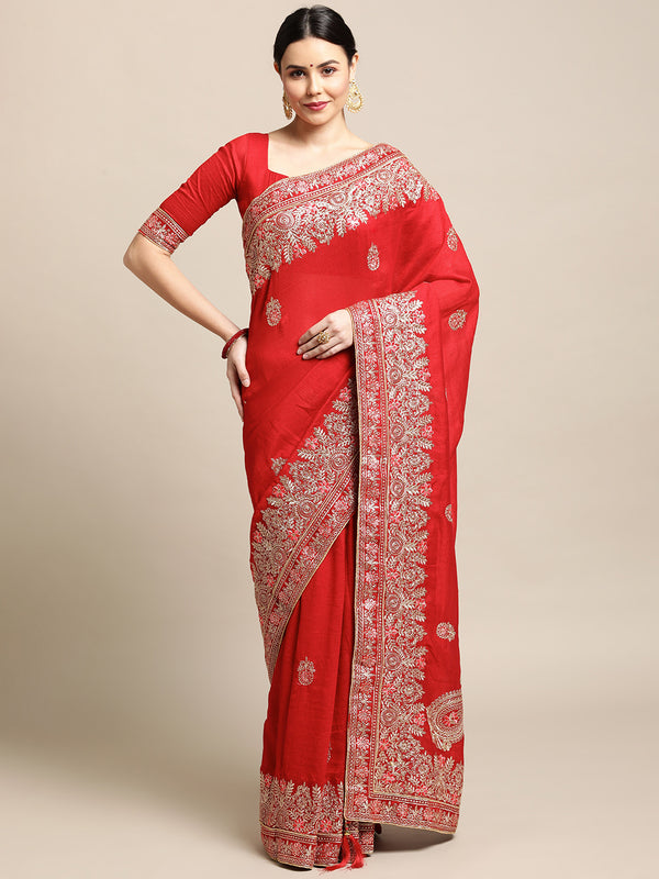 Jyoti Fashion Women's Red Silk Blend Embroidered Designer Saree with Blouse - Distacart
