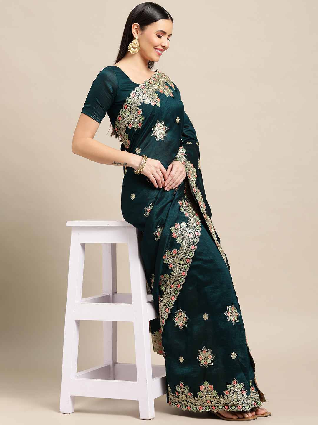 Jyoti Fashion Women's Green Silk Blend Embroidered Designer Saree with Blouse - Distacart