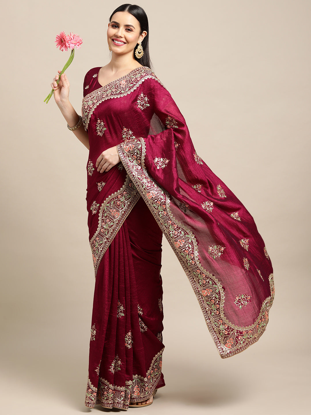 Jyoti Fashion Women's Purple Silk Blend Embroidered Designer Saree with Blouse - Distacart