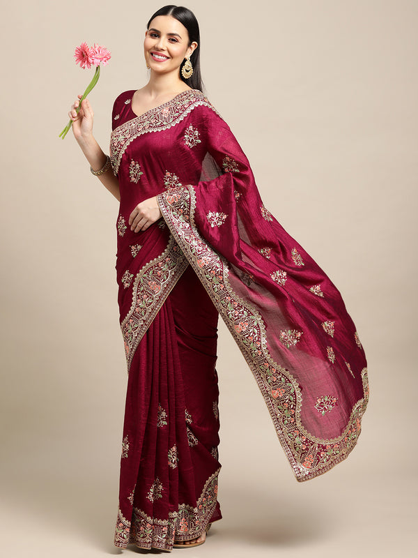 Jyoti Fashion Women's Purple Silk Blend Embroidered Designer Saree with Blouse - Distacart