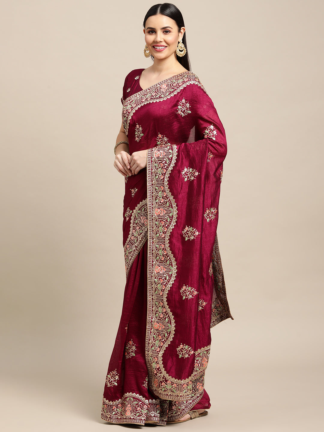 Jyoti Fashion Women's Purple Silk Blend Embroidered Designer Saree with Blouse - Distacart