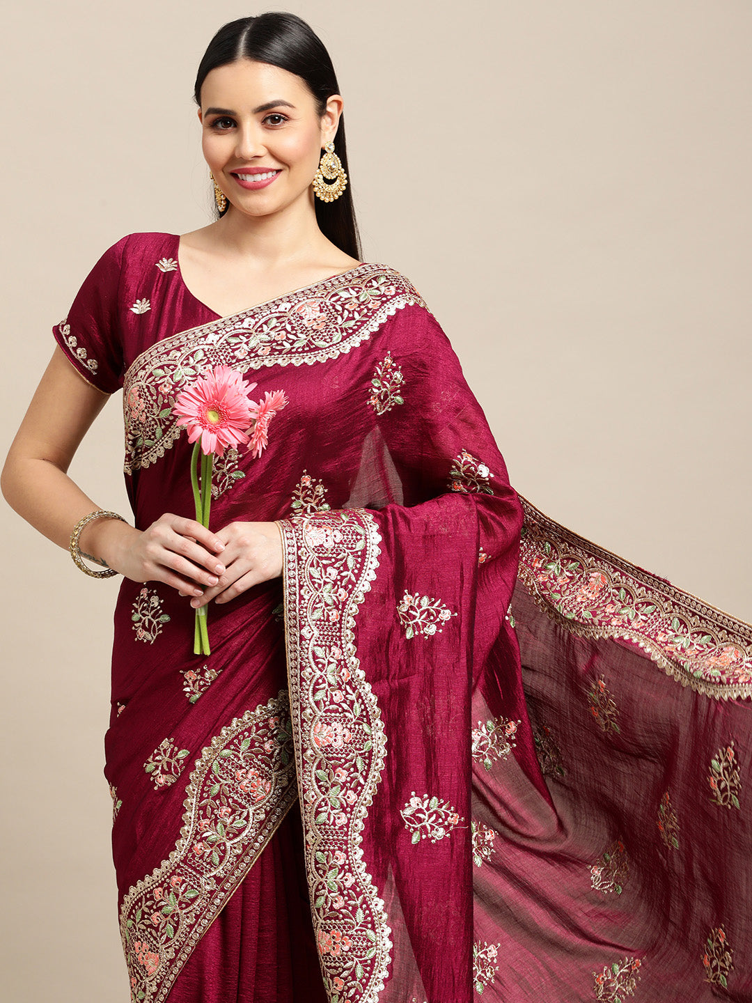Jyoti Fashion Women's Purple Silk Blend Embroidered Designer Saree with Blouse - Distacart