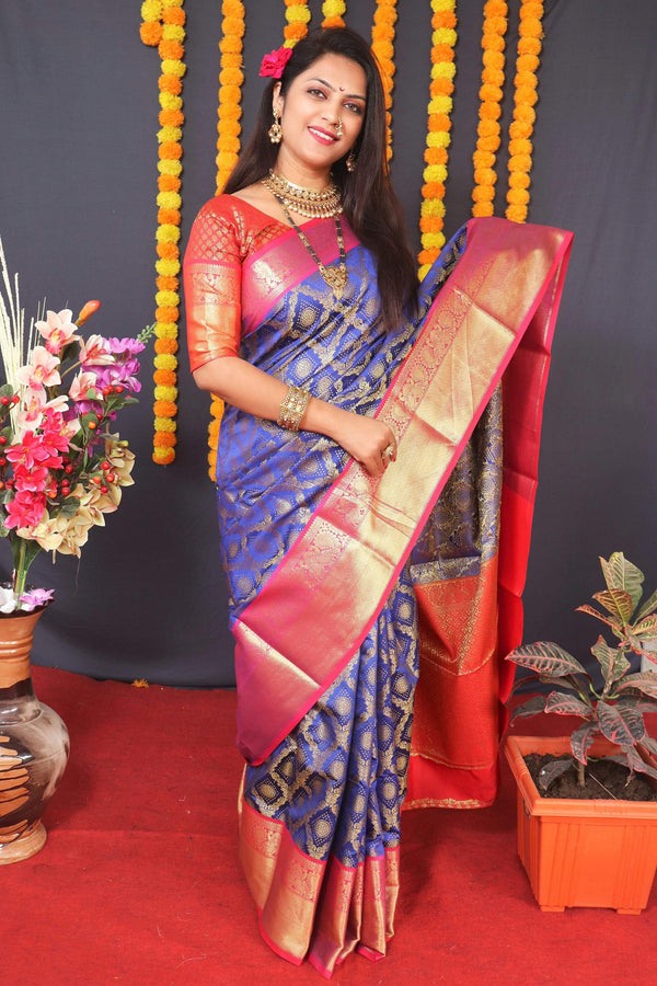 Jyoti Fashion Women's Blue Kanchipuram Silk Zari Woven Saree with Blouse - Distacart