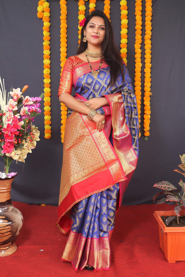 Jyoti Fashion Women's Blue Kanchipuram Silk Zari Woven Saree with Blouse - Distacart