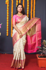 Thumbnail for Jyoti Fashion Women's Off White Kanchipuram Silk Zari Woven Saree with Blouse - Distacart