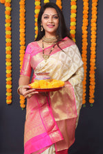 Thumbnail for Jyoti Fashion Women's Off White Kanchipuram Silk Zari Woven Saree with Blouse - Distacart