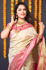 Thumbnail for Jyoti Fashion Women's Off White Kanchipuram Silk Zari Woven Saree with Blouse - Distacart