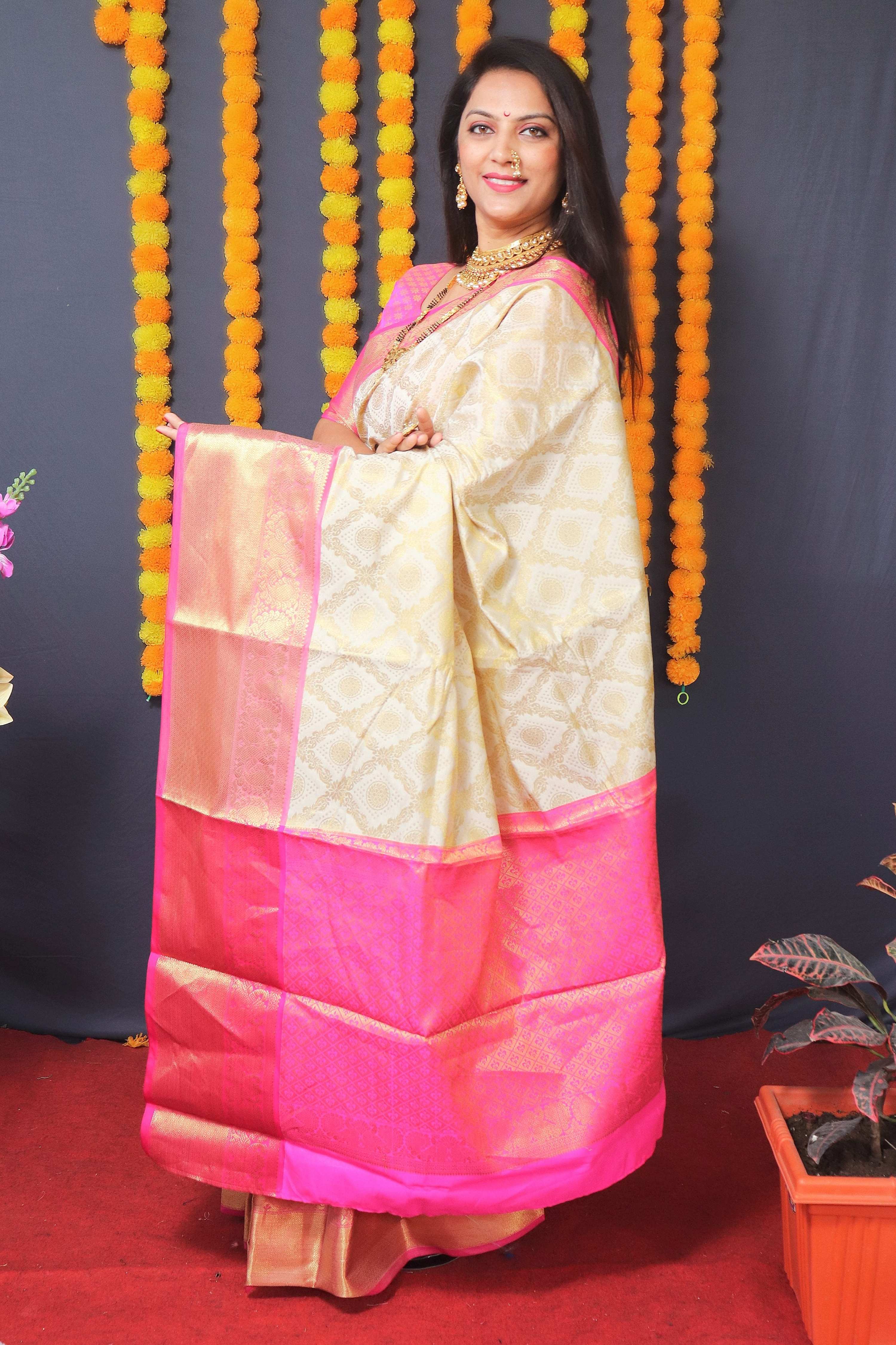 Jyoti Fashion Women's Off White Kanchipuram Silk Zari Woven Saree with Blouse - Distacart
