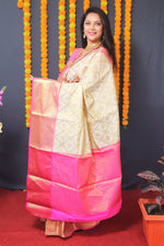 Thumbnail for Jyoti Fashion Women's Off White Kanchipuram Silk Zari Woven Saree with Blouse - Distacart