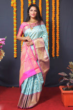 Thumbnail for Jyoti Fashion Women's Sky Blue Kanchipuram Silk Zari Woven Saree with Blouse - Distacart