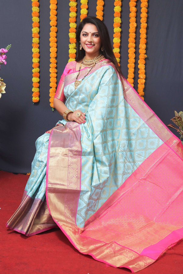 Jyoti Fashion Women's Sky Blue Kanchipuram Silk Zari Woven Saree with Blouse - Distacart