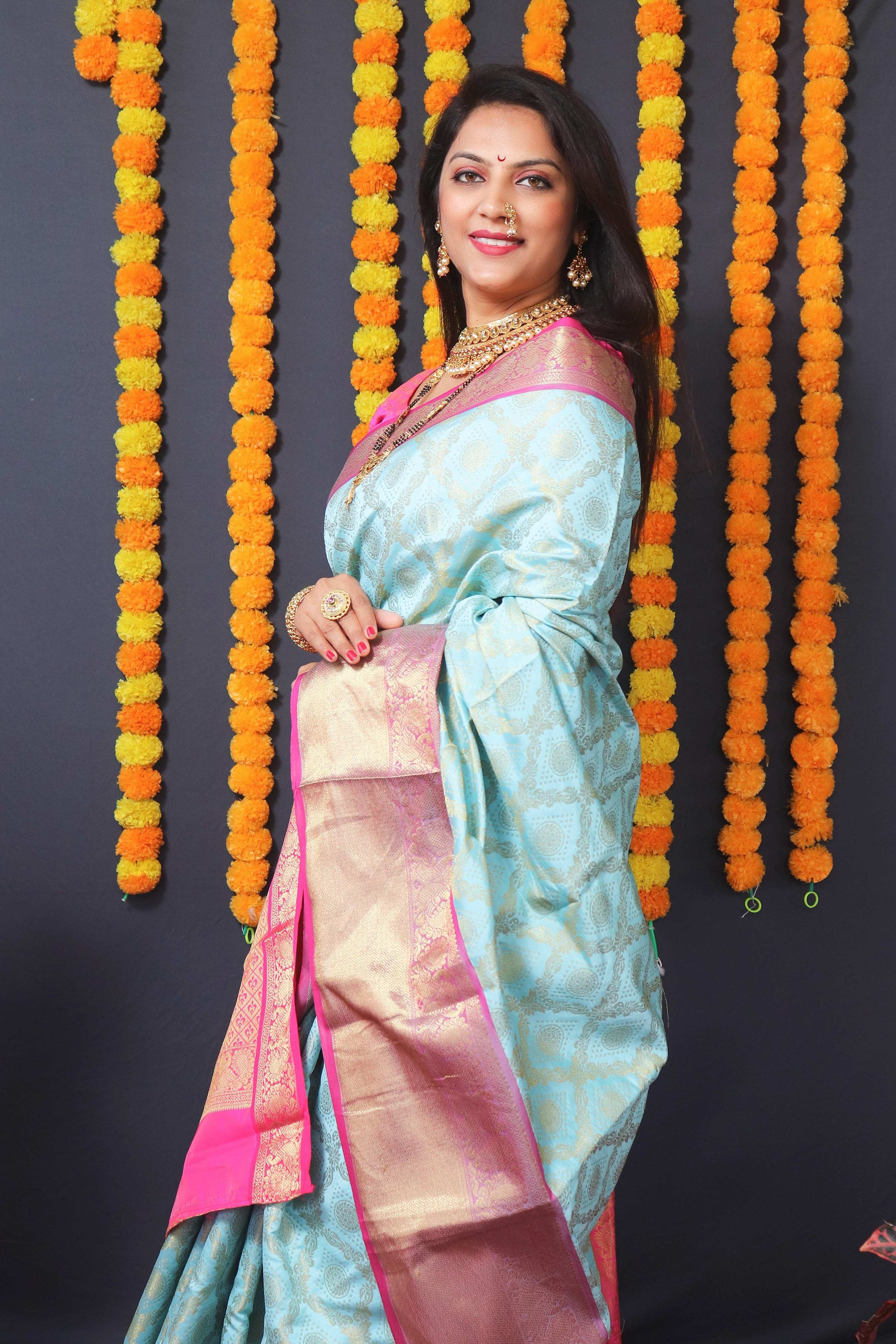 Jyoti Fashion Women's Sky Blue Kanchipuram Silk Zari Woven Saree with Blouse - Distacart