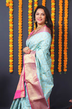 Thumbnail for Jyoti Fashion Women's Sky Blue Kanchipuram Silk Zari Woven Saree with Blouse - Distacart