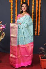 Thumbnail for Jyoti Fashion Women's Sky Blue Kanchipuram Silk Zari Woven Saree with Blouse - Distacart
