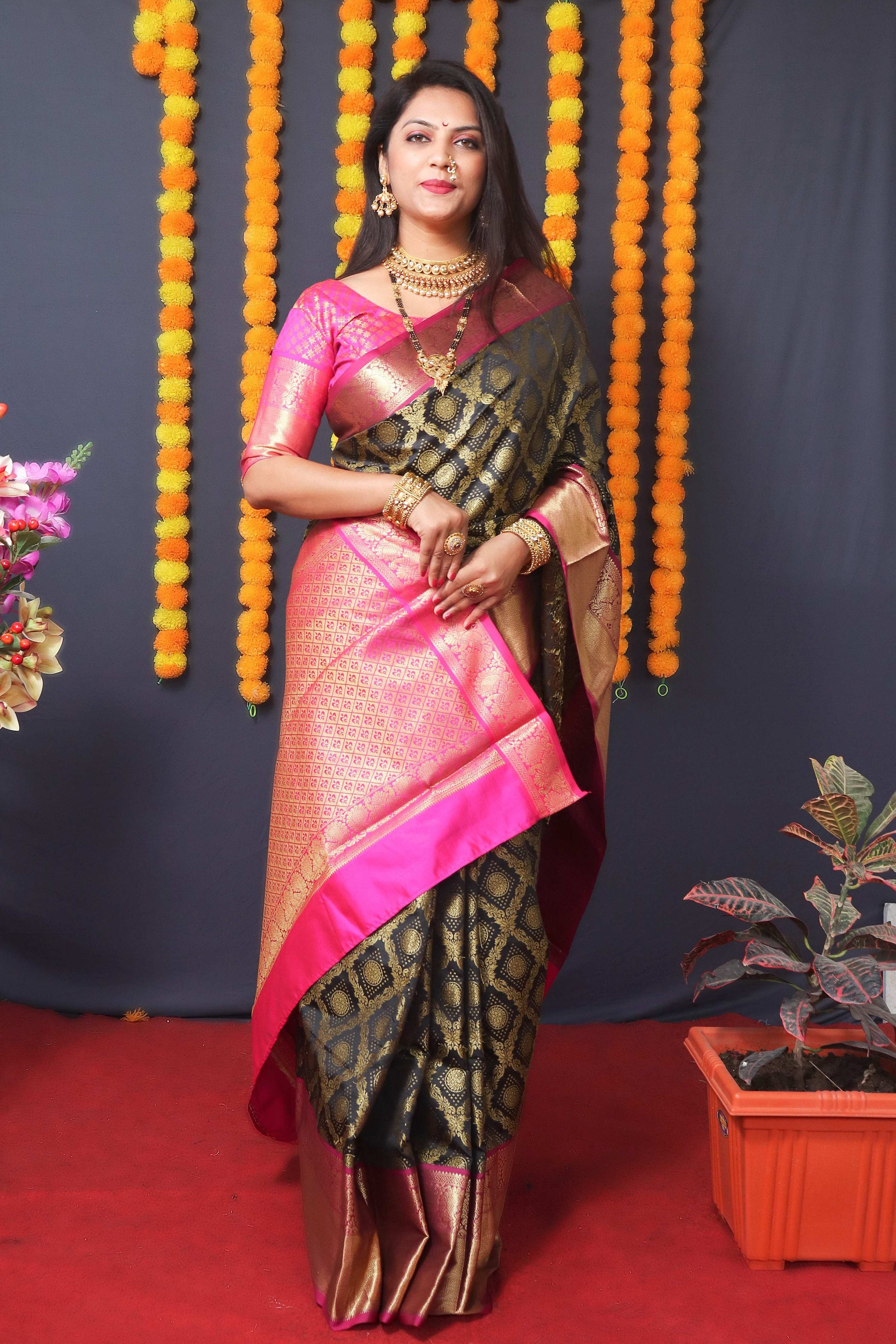 Jyoti Fashion Women's Black Kanchipuram Silk Zari Woven Saree with Blouse - Distacart