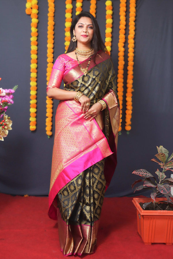 Jyoti Fashion Women's Black Kanchipuram Silk Zari Woven Saree with Blouse - Distacart