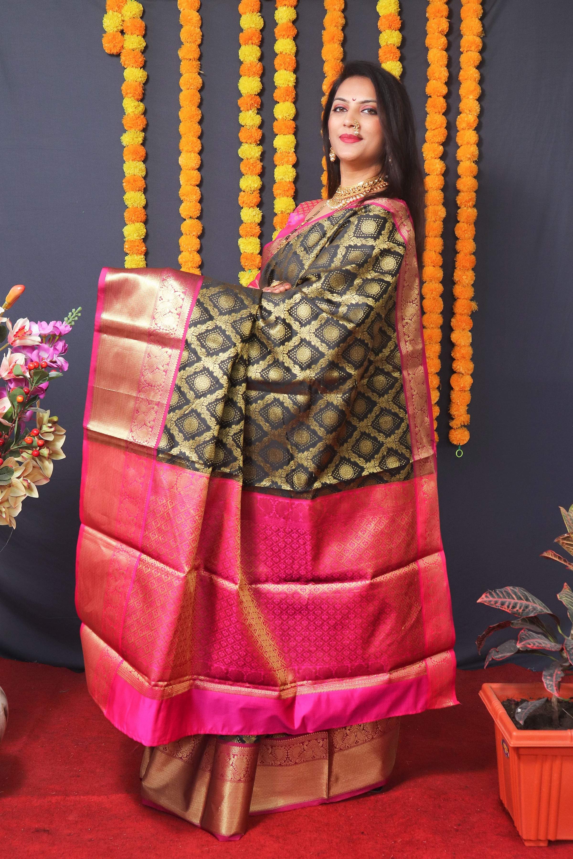 Jyoti Fashion Women's Black Kanchipuram Silk Zari Woven Saree with Blouse - Distacart