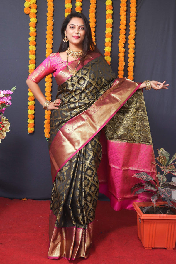 Jyoti Fashion Women's Black Kanchipuram Silk Zari Woven Saree with Blouse - Distacart