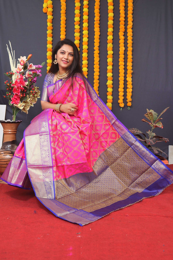 Jyoti Fashion Women's Pink Kanchipuram Silk Zari Woven Saree with Blouse - Distacart